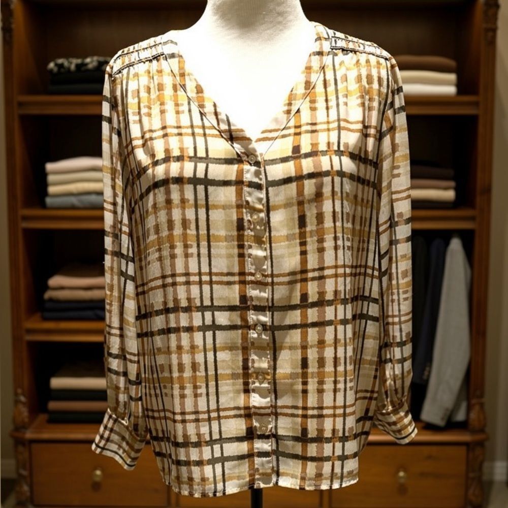 Calvin Klein Checkered Blouse in Cream and Brown